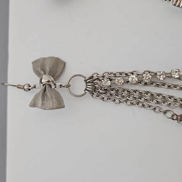 Feather, Rhinestone, Chain & Silvertone Metal Bow Pierced Earrings - Picture 6 of 9